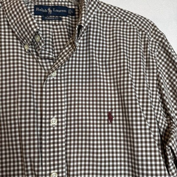 Ralph Lauren‎ Polo Shirt Mens Large Brown Red Pony Button Up Classic Fit Cotton - Picture 2 of 8
